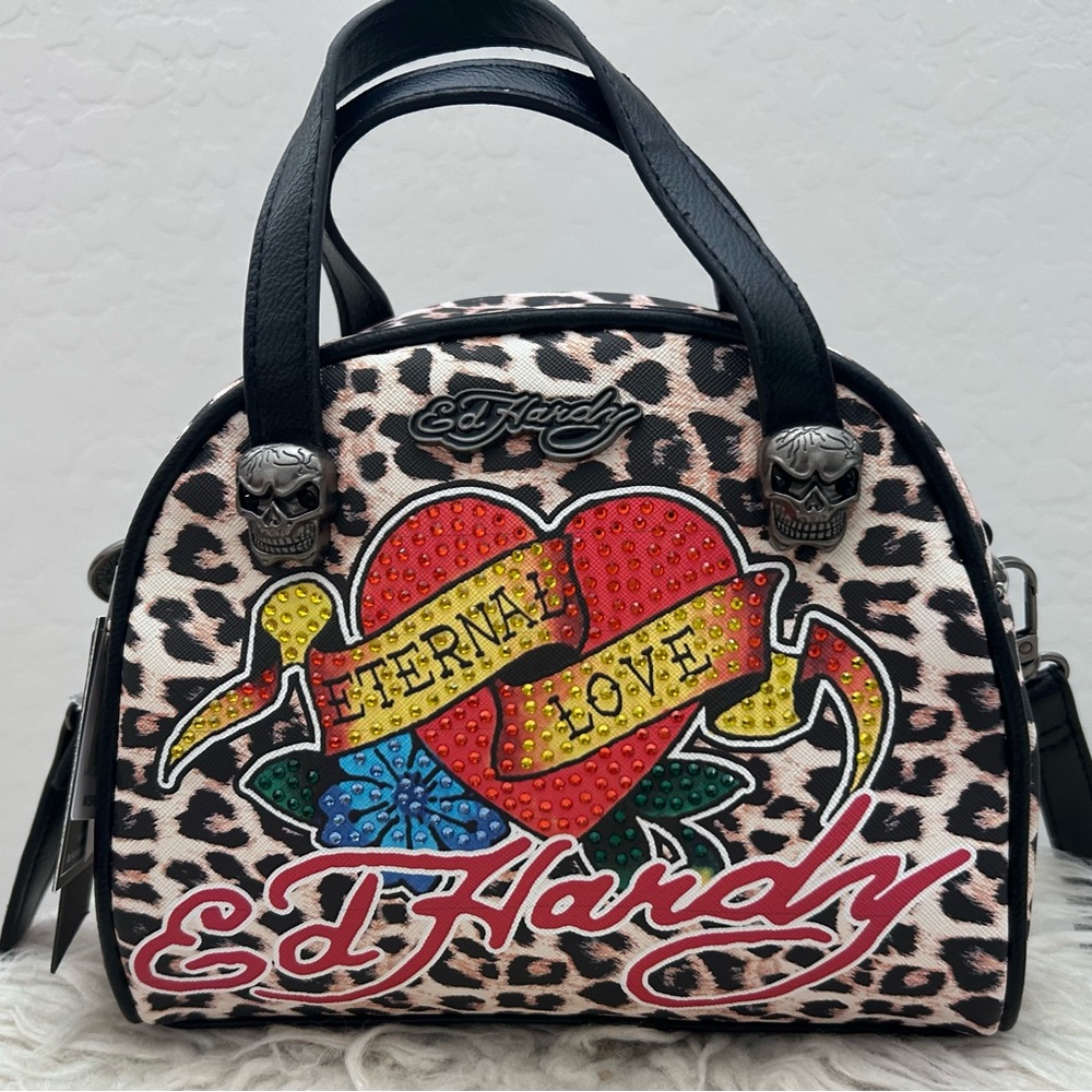 Ed Hardy Leopard Print Crossbody Bag - Black, Red, Yellow